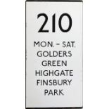 London Transport bus stop enamel E-PLATE for route 210, a double-vertical plate annotated 'Mon-