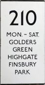 London Transport bus stop enamel E-PLATE for route 210, a double-vertical plate annotated 'Mon-