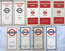 Selection (9) of 1930s-60s London Underground card, diagrammatic POCKET MAPS comprising issues No