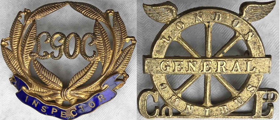 Pair of c1910 London General Omnibus Company CAP BADGES: the first is an Inspector's badge, brass