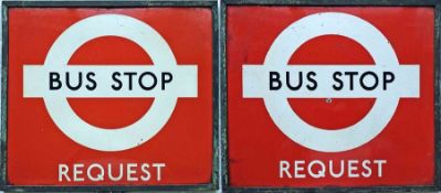 1940s/50s London Transport enamel BUS STOP FLAG, the 'request' version. Double-sided with two enamel