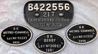 Selection (4) of 1950s British Railways cast-iron WAGON PLATES comprising a larger type 'Fairfield S