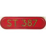 London Transport bus bonnet FLEETNUMBER PLATE from ST 387, a standard, AEC Regent ST. The original