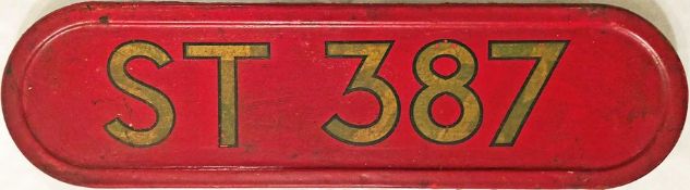 London Transport bus bonnet FLEETNUMBER PLATE from ST 387, a standard, AEC Regent ST. The original