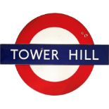 1960s London Underground enamel PLATFORM BULLSEYE SIGN from Tower Hill Station on the District &