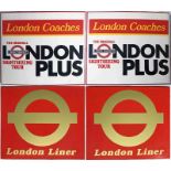 Pair of London Transport 1980s enamel & vinyl BUS STOP FLAGS for the London Coaches subsidiary,