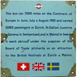 London Transport ENAMEL PLATE, a commemorative plaque marking the 1953 tour of Switzerland &