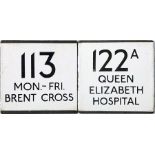 Pair of London Transport bus stop enamel E-PLATES comprising route 113 Mon-Fri destinated Brent