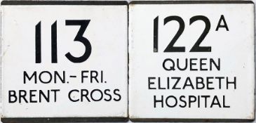 Pair of London Transport bus stop enamel E-PLATES comprising route 113 Mon-Fri destinated Brent