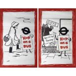 Pair of 1958 London Transport double-royal POSTERS from the 'Hop on a Bus' series by Lobban. These