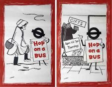 Pair of 1958 London Transport double-royal POSTERS from the 'Hop on a Bus' series by Lobban. These