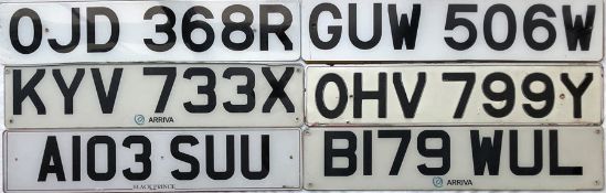 Selection (6) of London Bus FRONT REGISTRATION PLATES comprising OJD 368R (1977 DMS 2368), GUW