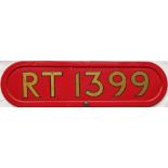 London Transport RT bus BONNET FLEETNUMBER PLATE from RT 1399. The original RT 1399, a Saunders '