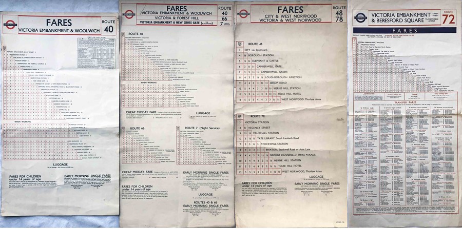 Selection (4) of London Transport Tramways FARECHARTS, all single-sided, and comprising card