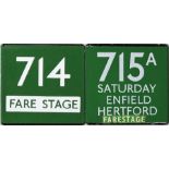 Pair of London Transport/London Country coach stop enamel E-PLATES for Green Line routes 714 'Fare