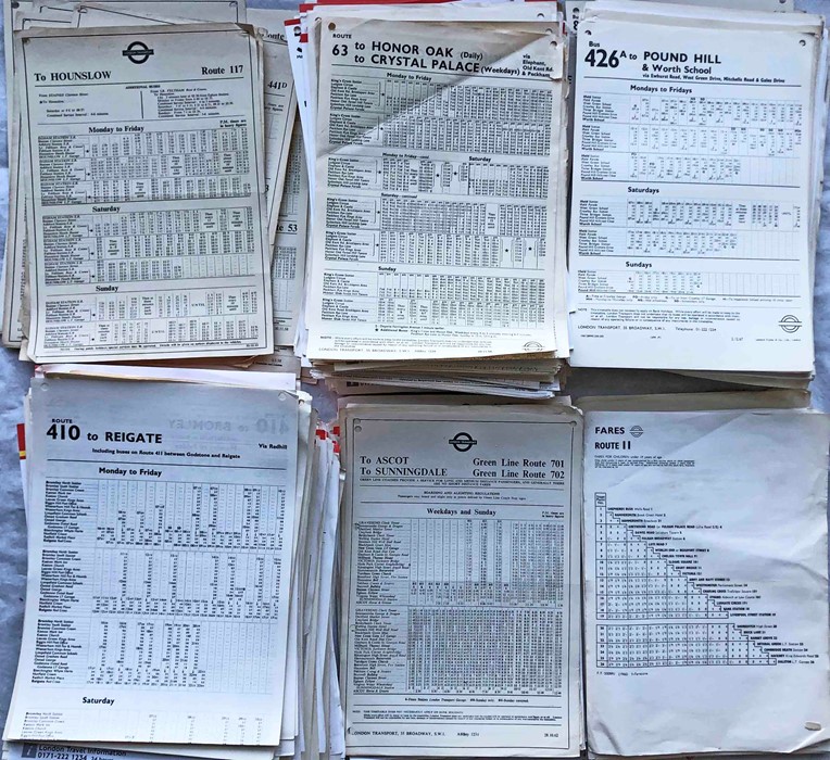Very large quantity (approx 600) of 1940s-90s London Transport BUS STOP PANEL TIMETABLES and