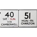 Pair of London Transport bus stop enamel E-PLATES, the first for route 40 Sat-Sun, via Camberwell (