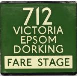 London Transport coach stop enamel E-PLATE for Green Line route 712 destinated Victoria, Epsom,