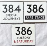 Selection (3) of London Transport bus stop enamel E-PLATES comprising 384 Special Journeys, 386 Fare