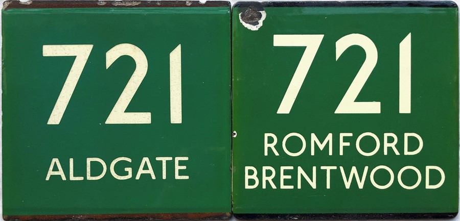 Pair of London Transport coach stop enamel E-PLATES for Green Line route 721, one in each direction,