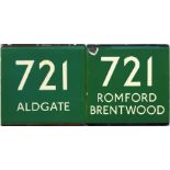 Pair of London Transport coach stop enamel E-PLATES for Green Line route 721, one in each direction,