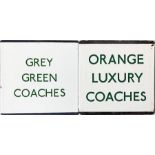 Pair of London Transport coach stop enamel E-PLATES for Grey Green Coaches and Orange Luxury
