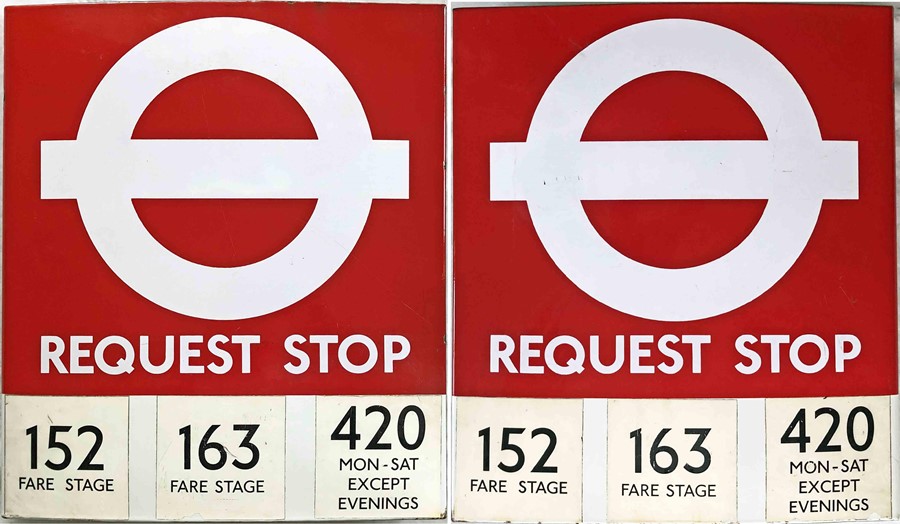 1980s London Transport enamel BUS STOP FLAG ('Request'), an E3 version with 3 e-stickers on each