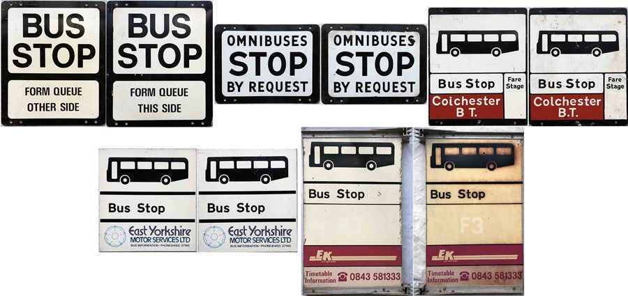 Selection (5) of 1950s-80s BUS STOP FLAGS, all double-sided and comprising 'Omnibuses stop by