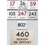 Selection (7) of London Transport bus stop enamel E-PLATES comprising routes 17 Sunday (in red),
