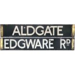 London Underground enamel O/P/Q-Stock CAB DESTINATION PLATE 'Aldgate / Edgware Rd' from the