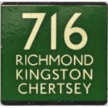 London Transport coach stop enamel E-PLATE for Green Line route 716 destinated Richmond, Kingston,
