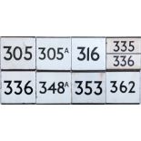 Selection (8) of London Transport bus stop enamel E-PLATES comprising routes 305, 305A, 316, 335/