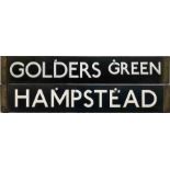 London Underground 1938-Tube Stock enamel CAB DESTINATION PLATE for Golders Green / Hampstead on the