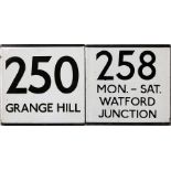 Pair of London Transport bus stop enamel E-PLATES, the first for route 250 destinated Grange Hill (