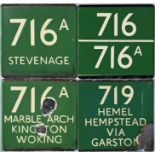 Selection (4) of London Transport coach stop enamel E-PLATES comprising 716A destinated Stevenage (