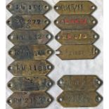 Selection (13) of London Transport brass VEHICLE TAGS, mainly Routemaster, and comprising tags for