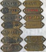 Selection (13) of London Transport brass VEHICLE TAGS, mainly Routemaster, and comprising tags for