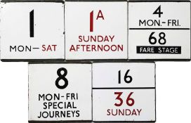 An interesting selection (5) of London Transport bus stop enamel E-PLATES comprising 1 Mon-Sat, 1A