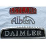 Selection (3) of 1950s/60s cast-alloy BUS RADIATOR BADGES comprising Leyland, Daimler and Albion.