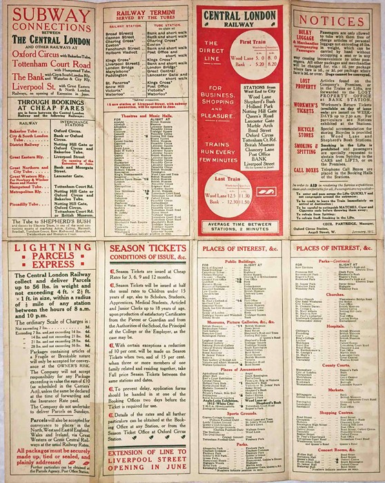 1912 Central London Railway POCKET MAP titled 'Central London (Tube) Railway' with a brown border - Image 2 of 2