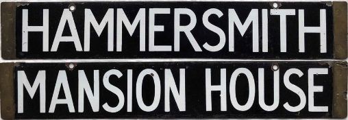 London Underground enamel Q-Stock CAB DESTINATION PLATE 'Hammersmith / Mansion House' from the