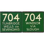 Pair of London Transport coach stop enamel E-PLATES for Green Line route 704, one in each direction,