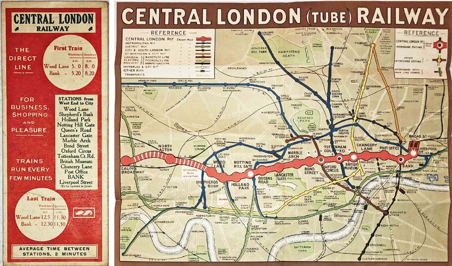 1912 Central London Railway POCKET MAP titled 'Central London (Tube) Railway' with a brown border