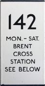 London Transport bus stop enamel E-PLATE for route 142, a double-vertical plate annotated 'Mon-