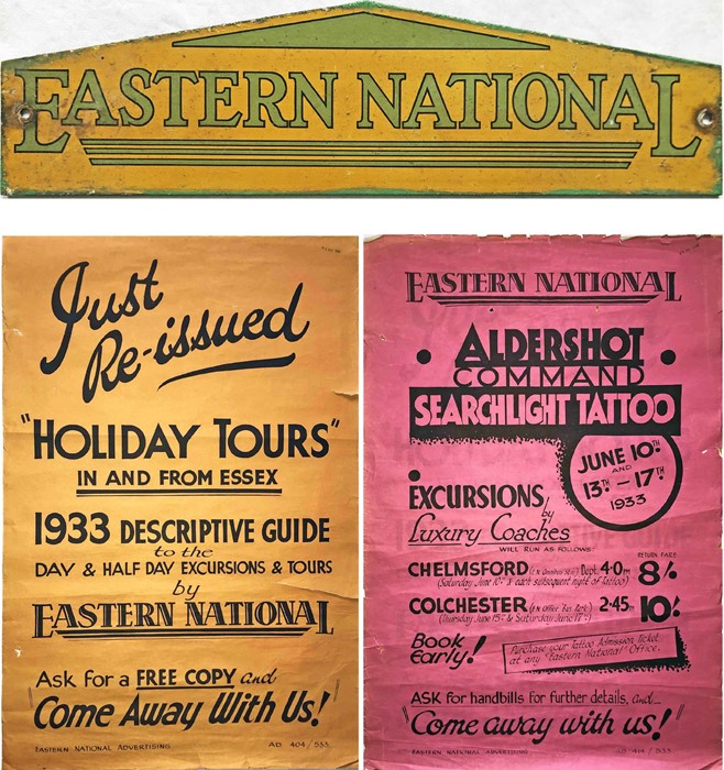 Eastern National Omnibus Co items comprising a c1930s TIMETABLE HEADER PLATE (screen-painted