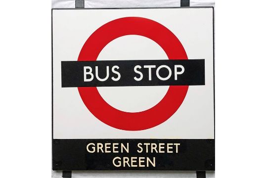 1950s/60s London Transport enamel BUS STOP SIGN 'Green Street Green' from a 'Keston' wooden bus