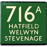 London Transport coach stop enamel E-PLATE for Green Line route 716A destinated Hatfield, Welwyn,