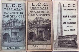 Trio of 1913 LCC Tramways POCKET MAPS ('Map & Guide to Car Services') comprising issues dated April,