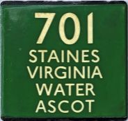 London Transport coach stop enamel E-PLATE for Green Line route 701 destinated Staines, Virginia