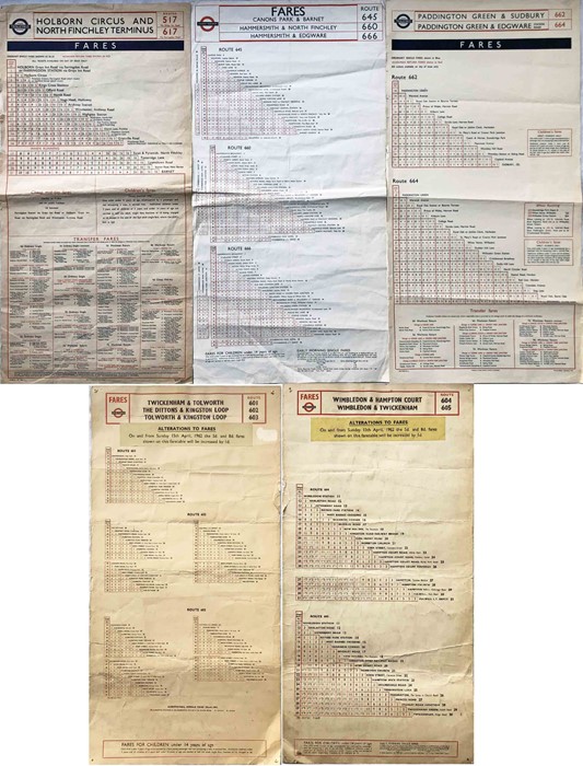 Selection (4) of London Transport TROLLEYBUS FARECHARTS comprising single-sided, paper issues for